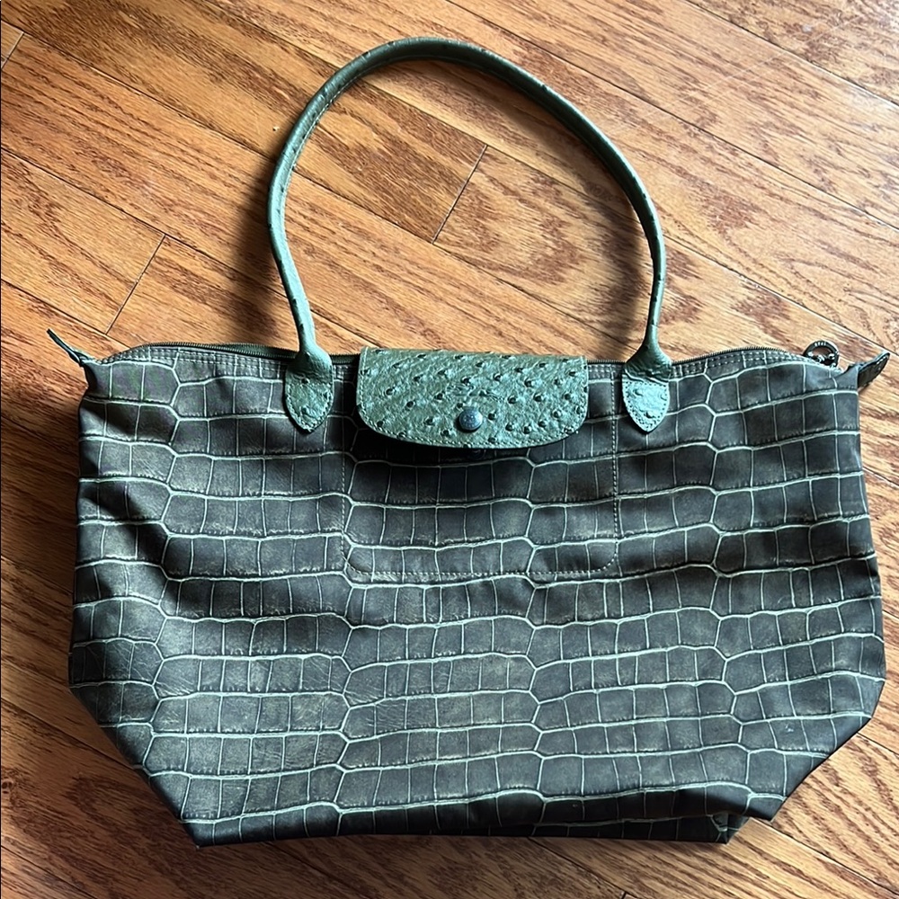 Longchamp Le Pliage Limited Edition Khaki Green 3D Croc Print Shoulder Tote Bag